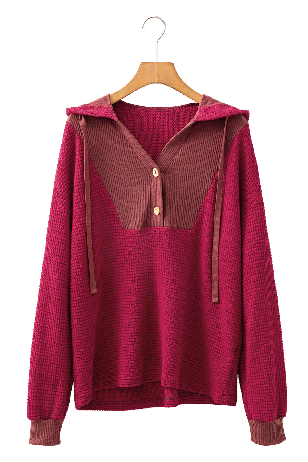 Racing Red Waffle Patchwork Drop Shoulder Hooded Long Sleeve Top-Tops / Dresses-[Adult]-[Female]-2022 Online Blue Zone Planet