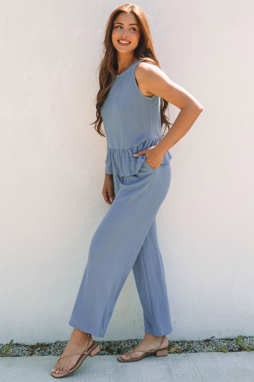 Beau Blue Solid Color Ribbed Ruffle Tank Top And Pants Set-Two Piece Sets/Pant Sets-[Adult]-[Female]-2022 Online Blue Zone Planet