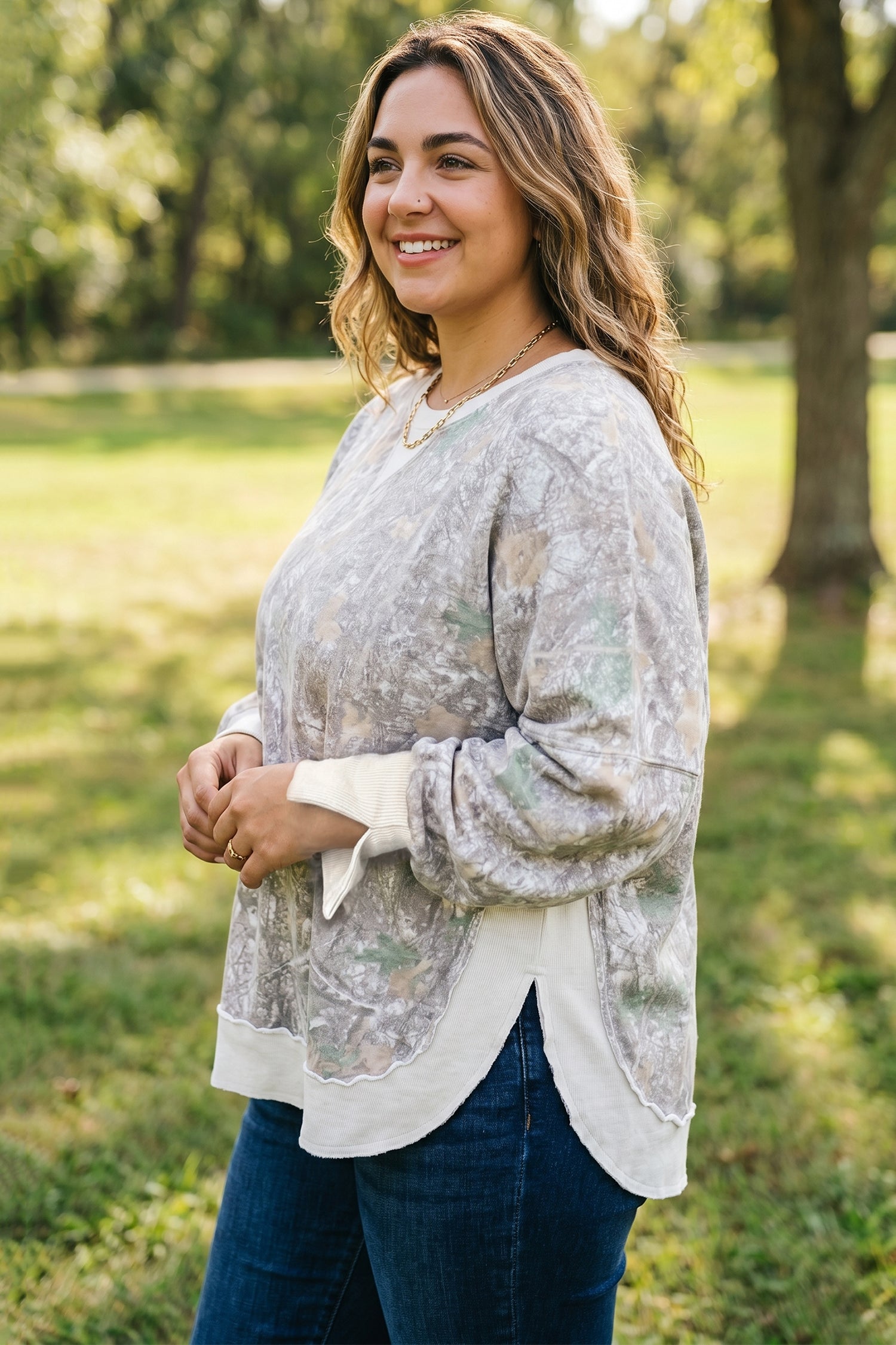 Khaki Camouflage Print Round Neck Long Sleeve Shift Plus Size Sweatshirt-Plus Size/Plus Size Sweatshirts & Hoodies-[Adult]-[Female]-2022 Online Blue Zone Planet