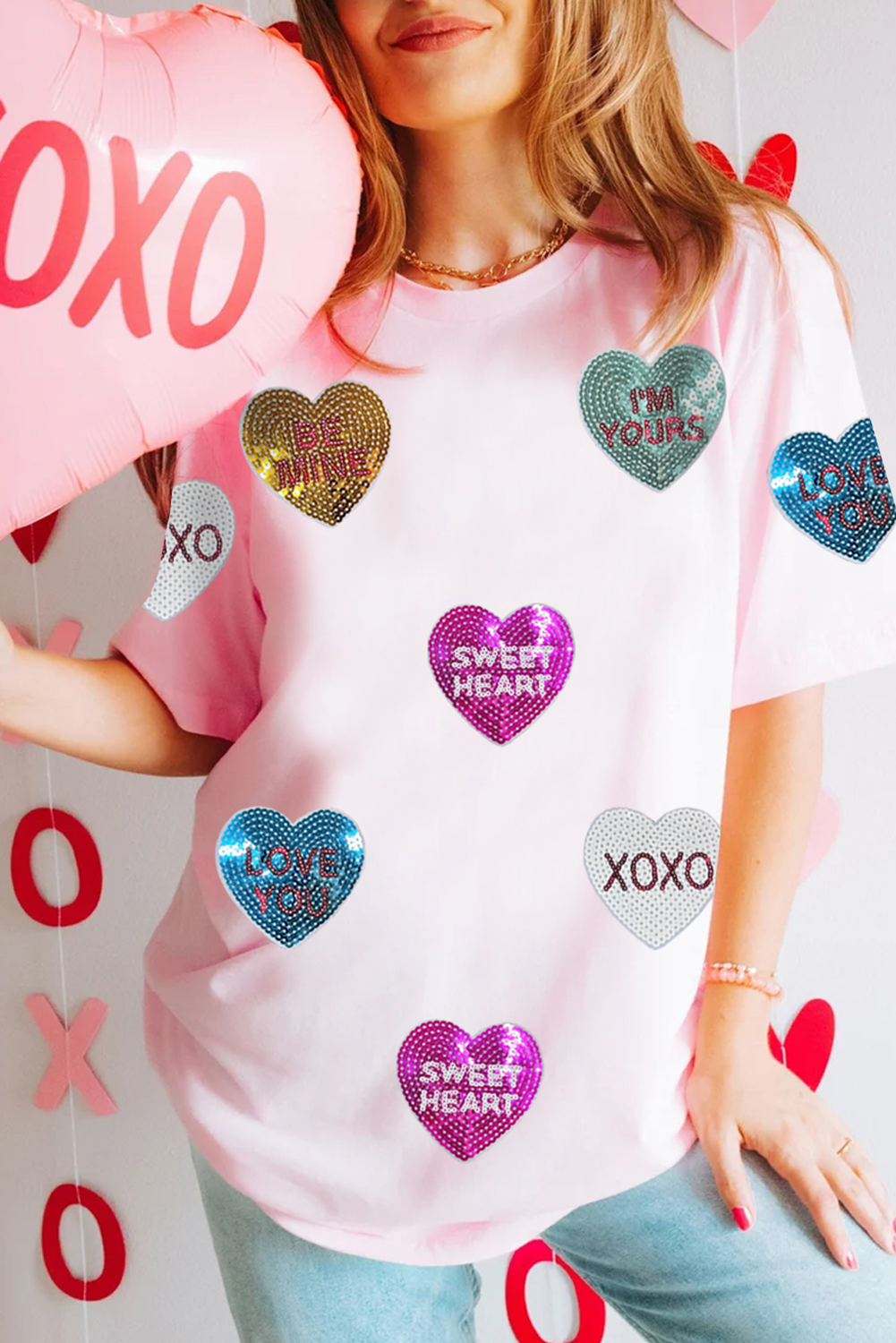 Pink Sequin Valentines Lettering Heart Patched Crewneck T Shirt-Graphic/Graphic Tees-[Adult]-[Female]-Pink-S-2022 Online Blue Zone Planet