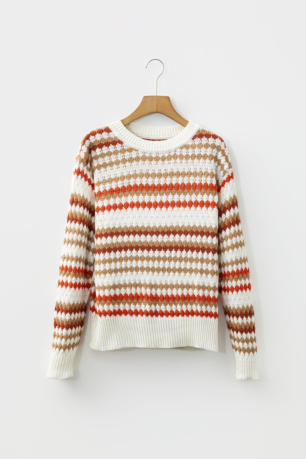 Brown Stripe Eyelet Patterned Drop Shoulder Sweater-Sweaters & Cardigans/Sweaters-[Adult]-[Female]-2022 Online Blue Zone Planet
