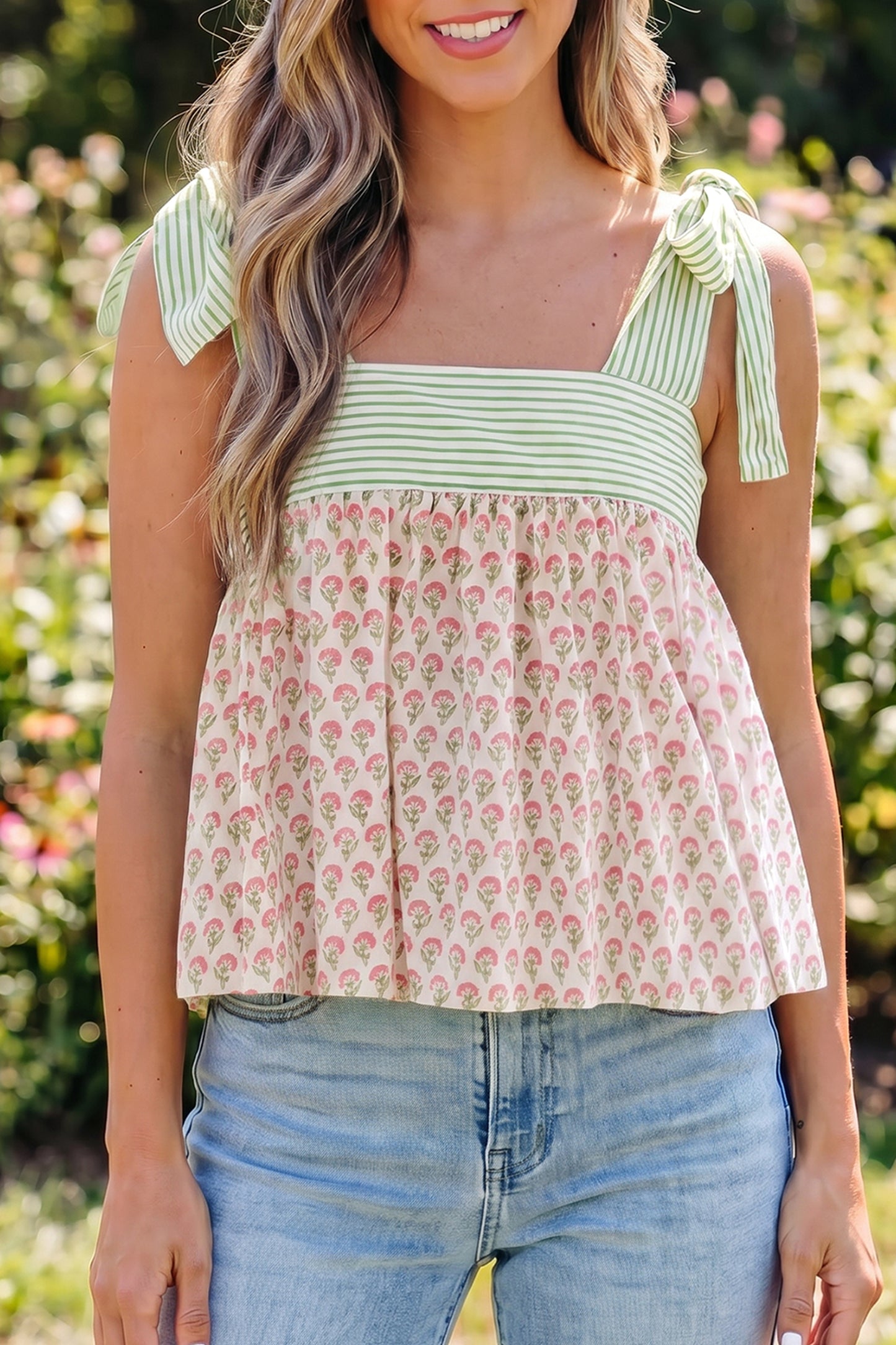 Pink Fashion Printed Knot Straps Babydoll Tank Top-Tops/Tank Tops-[Adult]-[Female]-Pink-S-2022 Online Blue Zone Planet