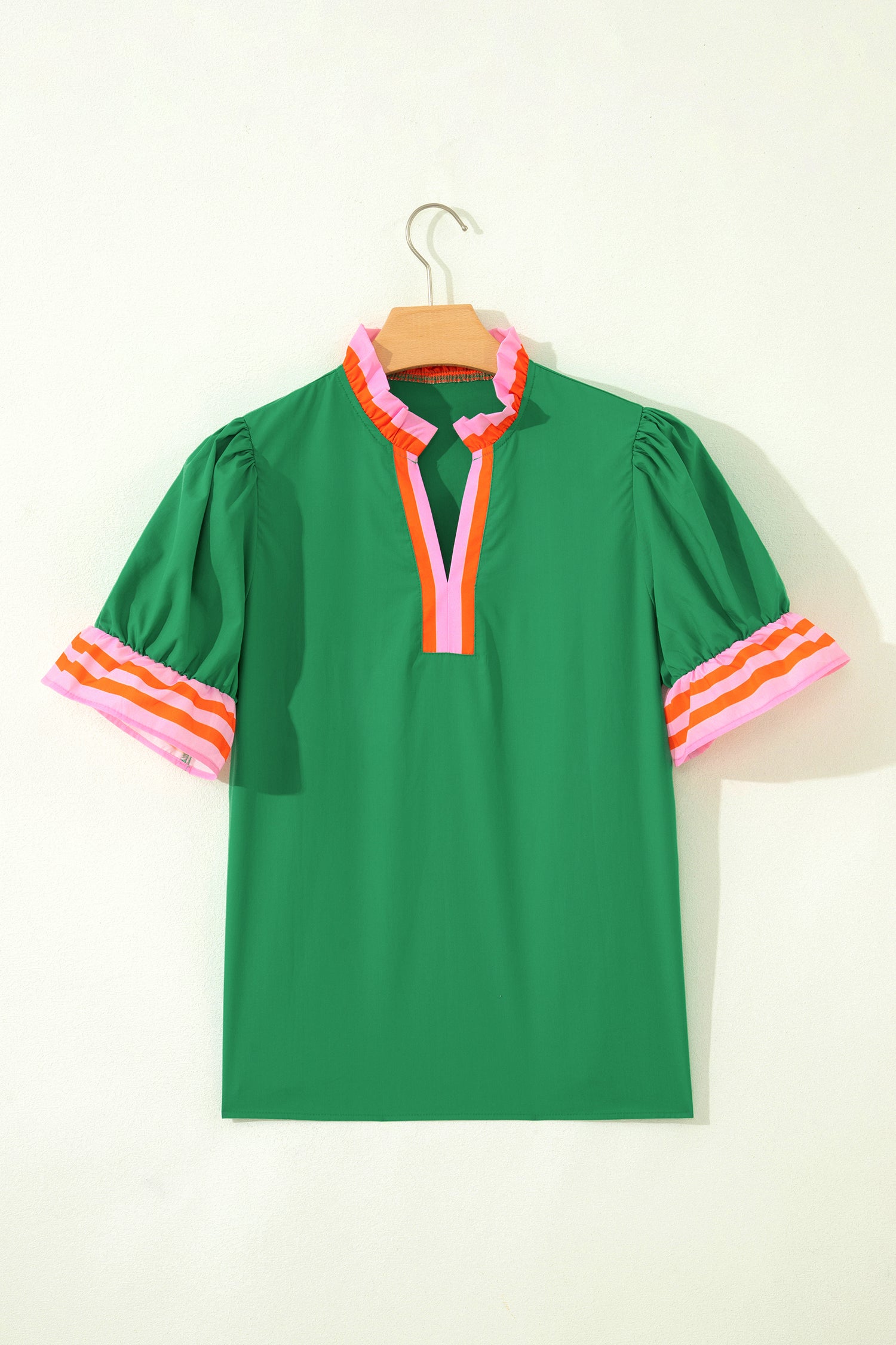 Sky Blue Striped Frilled Collar Ruffled Short Sleeve Blouse-Tops/Blouses & Shirts-[Adult]-[Female]-2022 Online Blue Zone Planet
