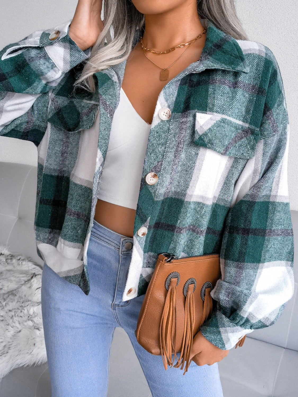 Plaid Collared Neck Long Sleeve Jacket-TOPS / DRESSES-[Adult]-[Female]-2022 Online Blue Zone Planet