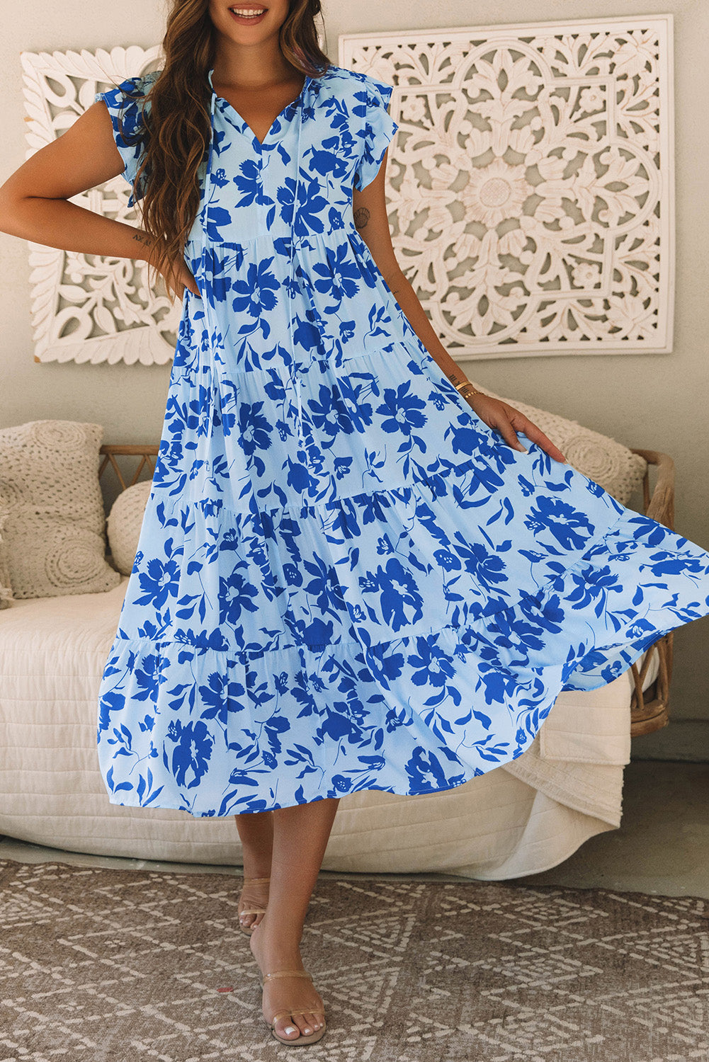 Sky Blue Floral Print Tiered Flutter Sleeve Maxi Dress-Maxi Dresses-[Adult]-[Female]-2022 Online Blue Zone Planet