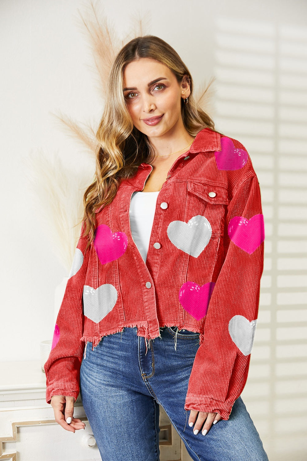 Heart Sequin Dropped Shoulder Jacket-TOPS / DRESSES-[Adult]-[Female]-Deep Red-S-2022 Online Blue Zone Planet