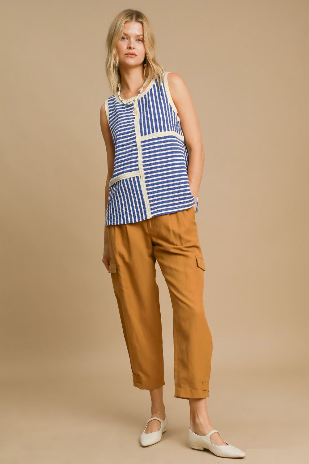 Umgee Round Neck Texture Striped Tank-TOPS / DRESSES-[Adult]-[Female]-2022 Online Blue Zone Planet