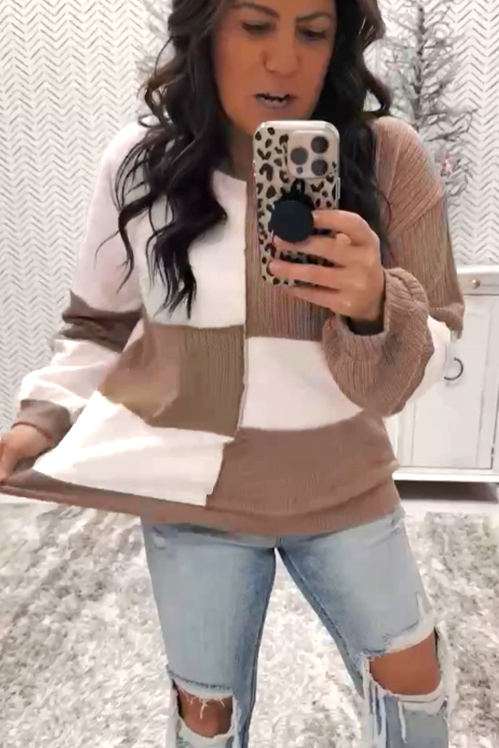 Dark Khaki Colorblock Checkered Raw Seamed Round Neck Knitted Jumper-Tops/Long Sleeve Tops-[Adult]-[Female]-2022 Online Blue Zone Planet