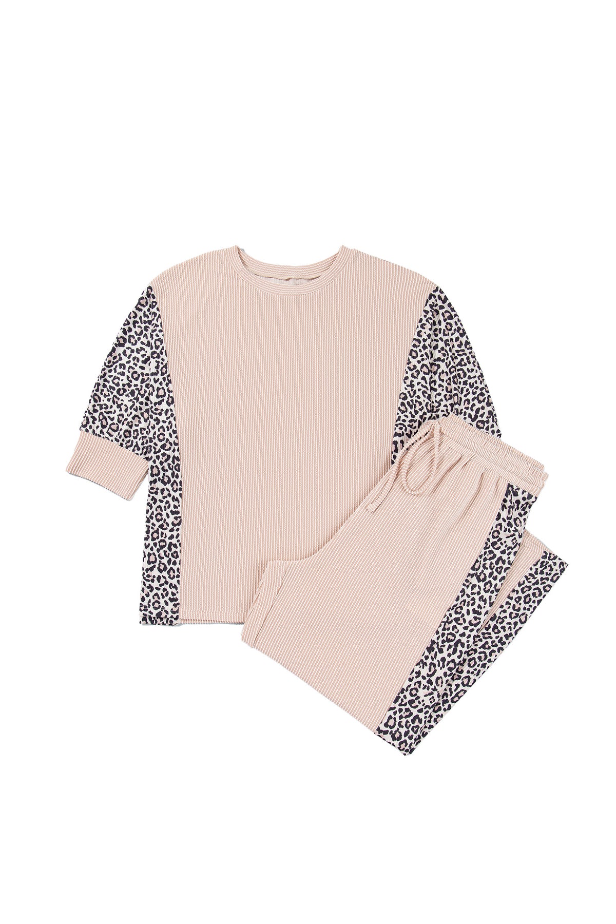 Light French Beige Leopard Print Ribbed Twist Long Sleeve Top Pants Plus Size Set-Plus Size/Plus Size Loungewear-[Adult]-[Female]-2022 Online Blue Zone Planet