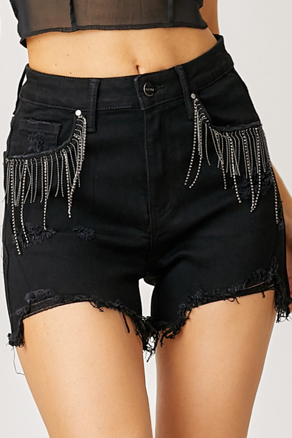 RISEN Frayed Hem Denim Shorts with Fringe Detail Pockets-BOTTOMS SIZES SMALL MEDIUM LARGE-[Adult]-[Female]-2022 Online Blue Zone Planet