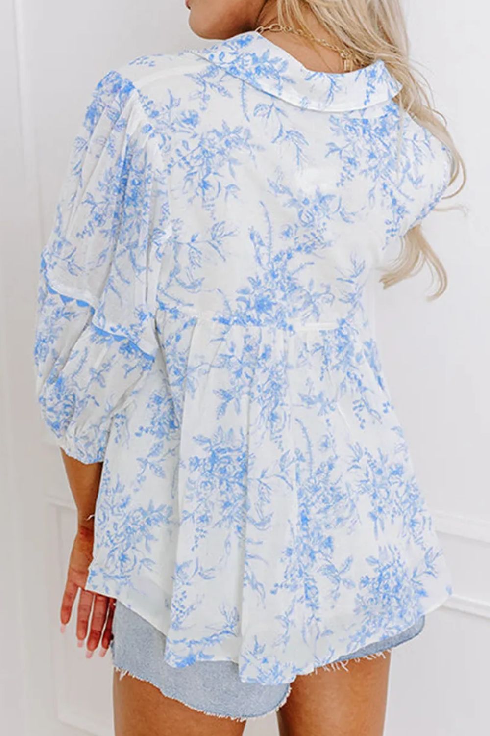 Printed Tie Neck Three-Quarter Sleeve Blouse-TOPS / DRESSES-[Adult]-[Female]-2022 Online Blue Zone Planet