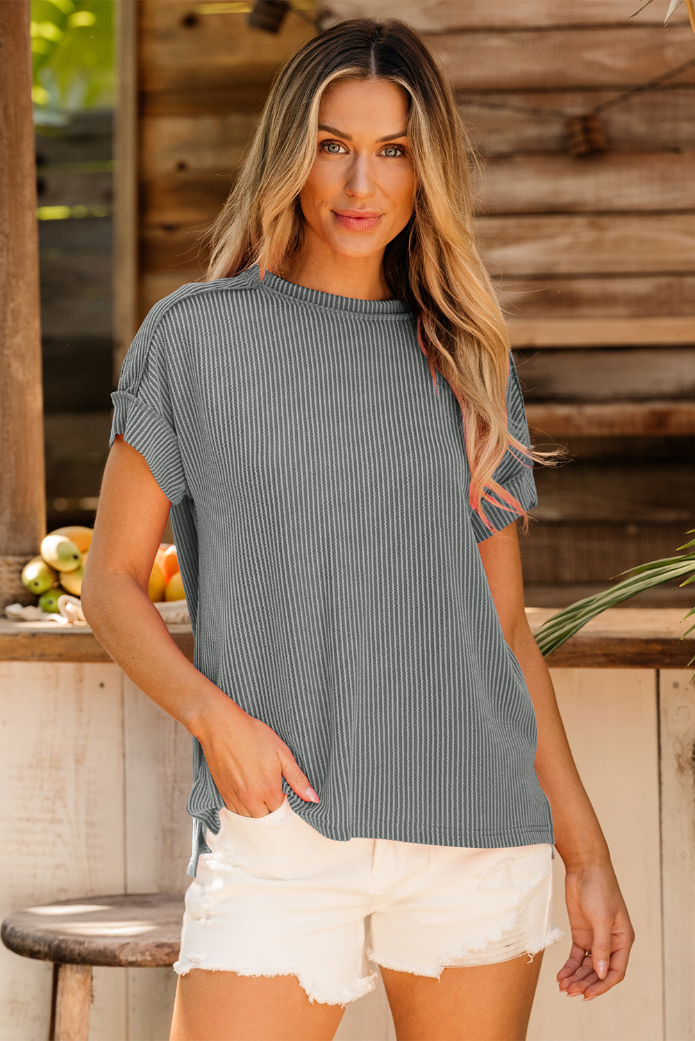 Black Textured Knit Exposed Stitching T-Shirt-Tops/Tops & Tees-[Adult]-[Female]-2022 Online Blue Zone Planet