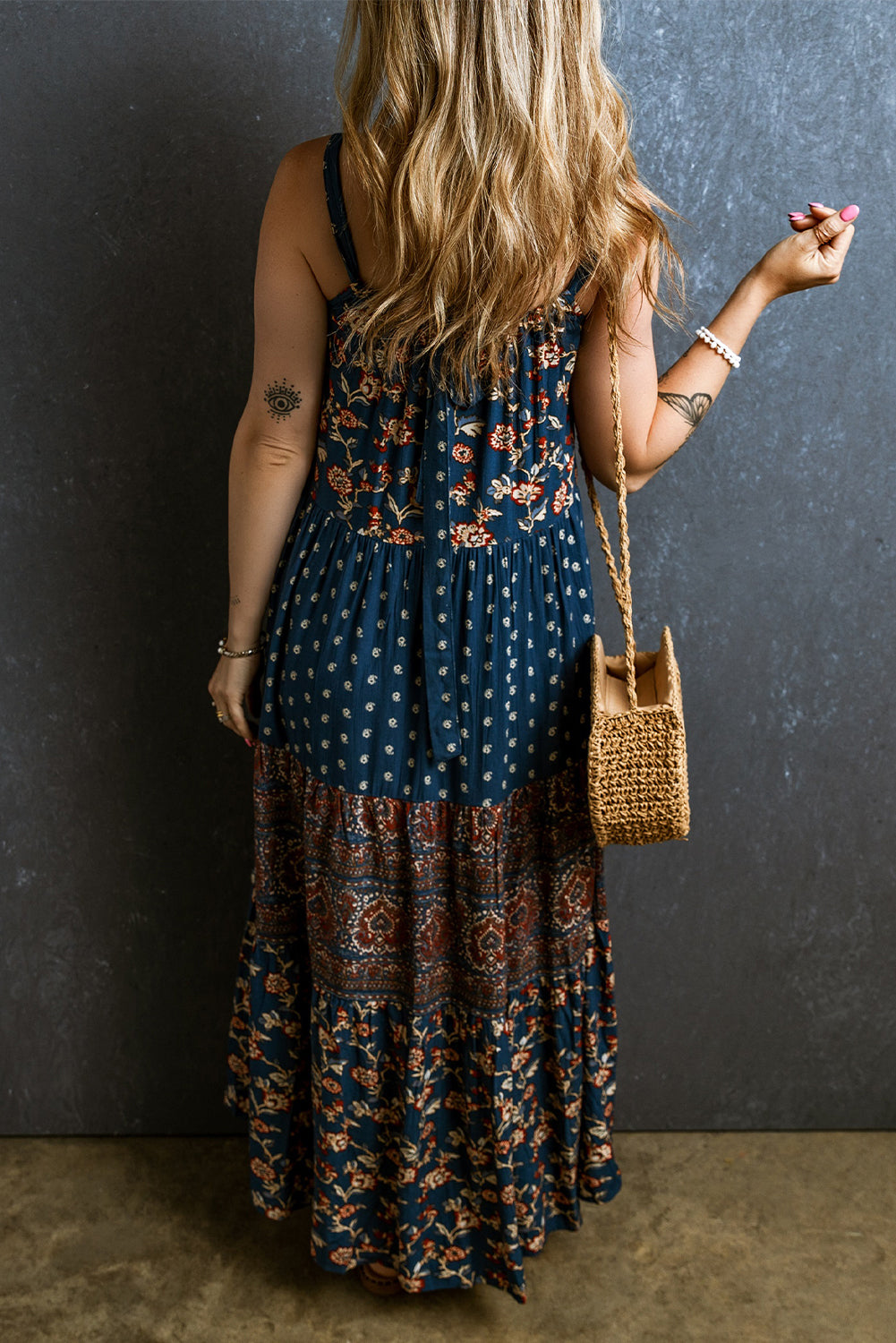 Blue Zone Planet | Blue Boho Floral Splicing Sleeveless Maxi Dress-TOPS / DRESSES-[Adult]-[Female]-2022 Online Blue Zone Planet