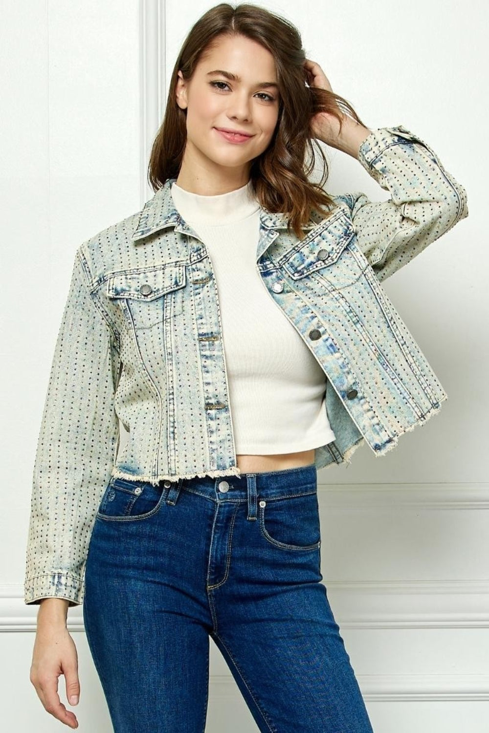 Veveret Multi Color Stripe Rhinestone Raw Hem Denim Jacket-TOPS / DRESSES-[Adult]-[Female]-2022 Online Blue Zone Planet