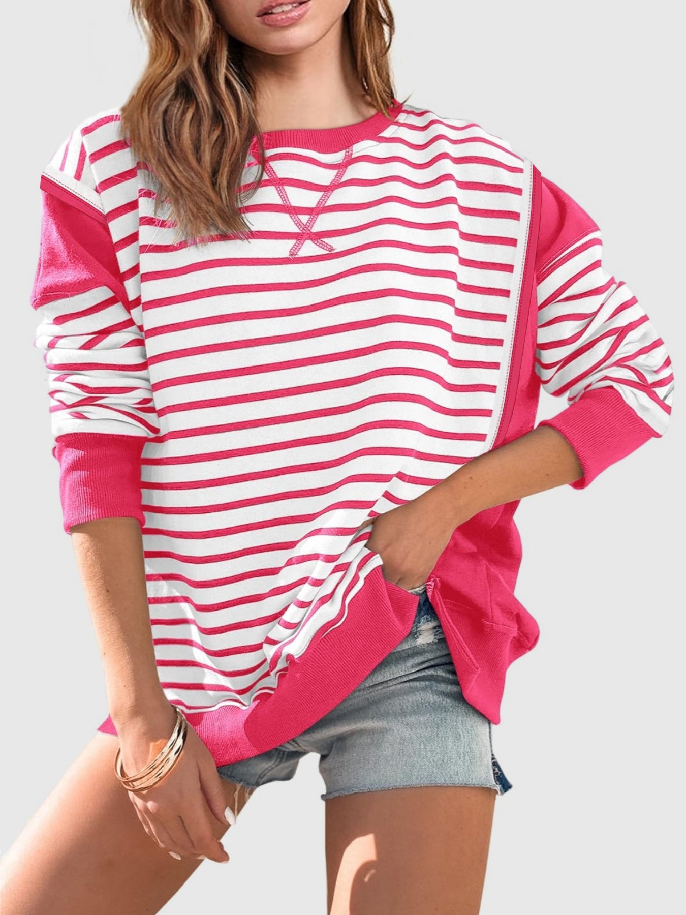 Slit Exposed Seam Striped Long Sleeve Sweatshirt-TOPS / DRESSES-[Adult]-[Female]-2022 Online Blue Zone Planet