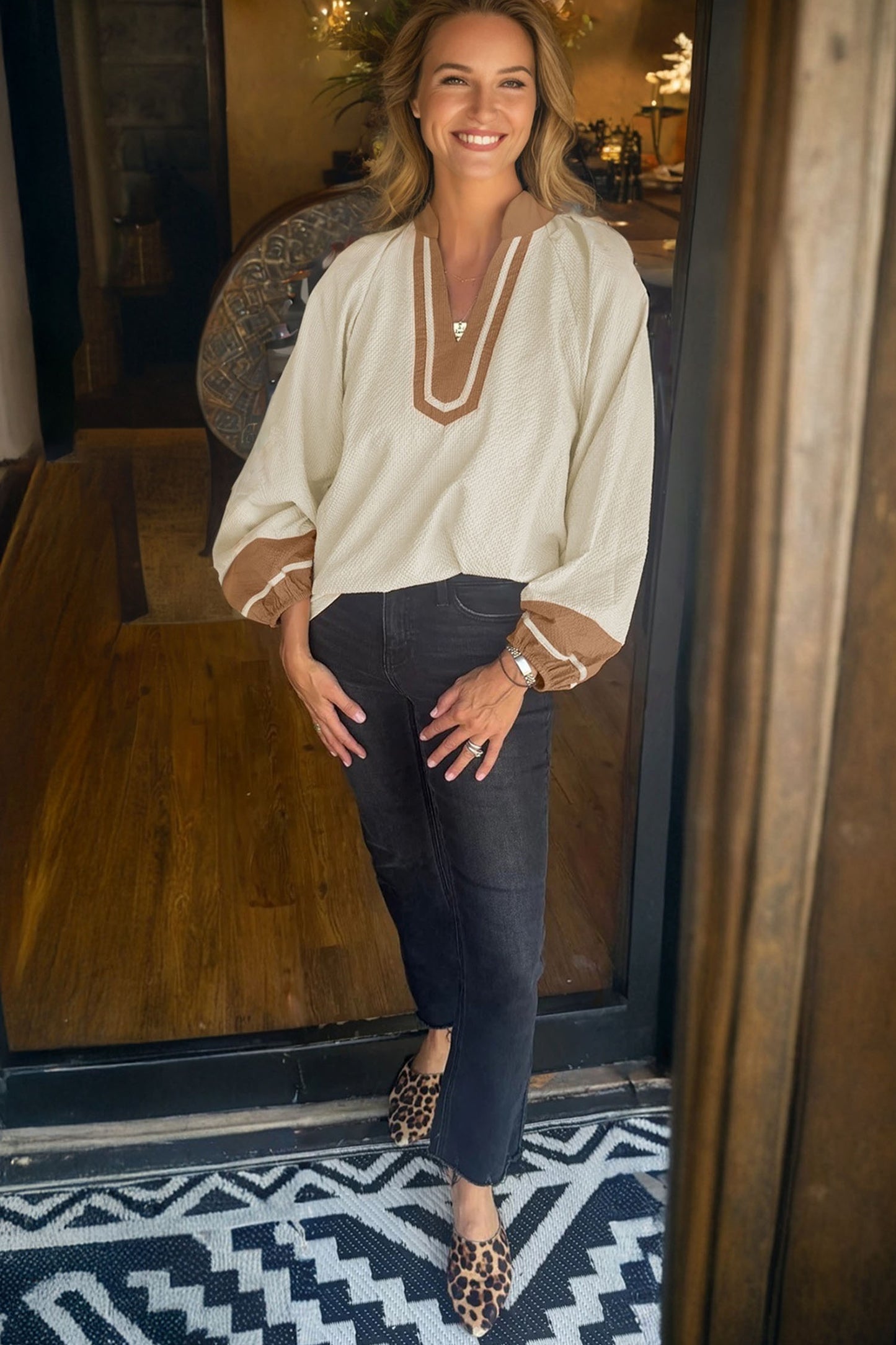 Jet Stream Color Block Patchwork Detail V Neck Textured Long Sleeve Blouse-Tops/Blouses & Shirts-[Adult]-[Female]-2022 Online Blue Zone Planet