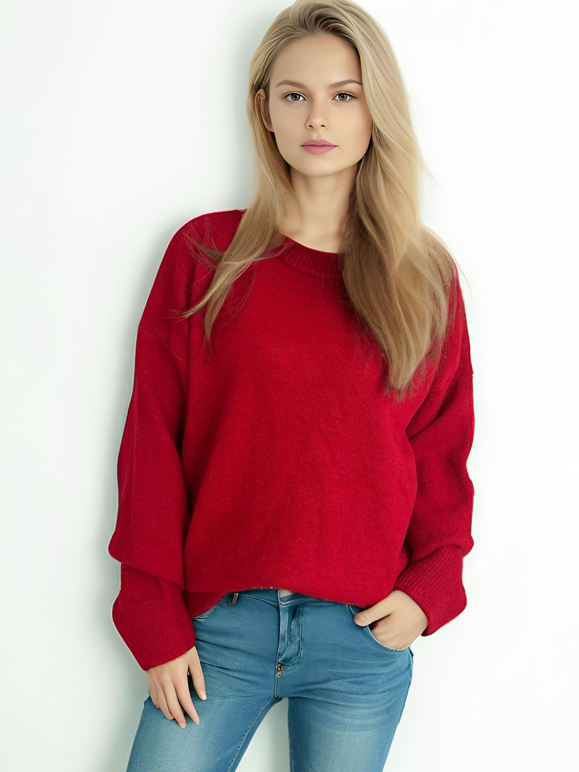 Round Neck Dropped Shoulder Long Sleeve Sweater-TOPS / DRESSES-[Adult]-[Female]-Burgundy-One Size-2022 Online Blue Zone Planet