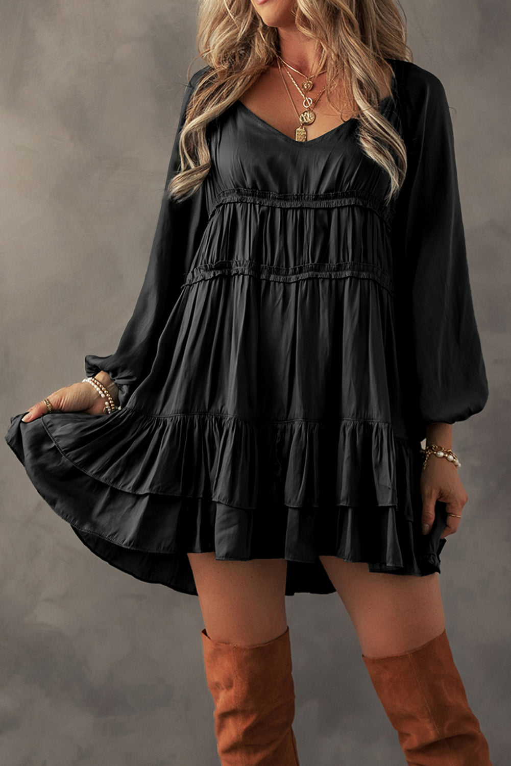 Mist Green Puff Sleeve Loose Fit Tiered Ruffle Mini Dress-Short Dresses-[Adult]-[Female]-Black-S-2022 Online Blue Zone Planet