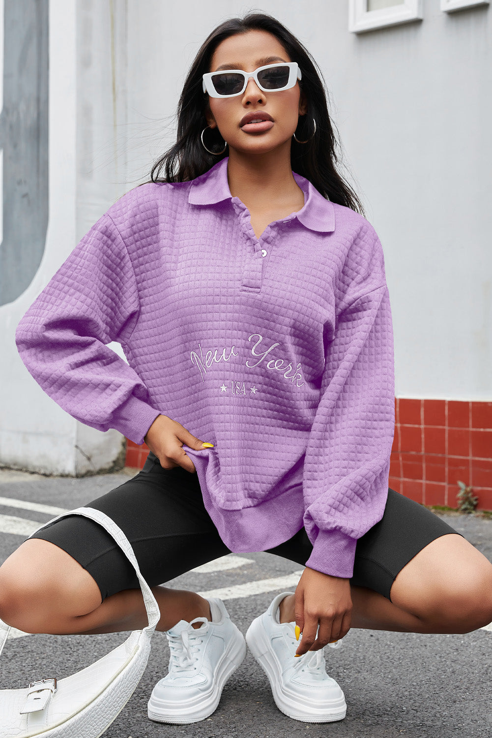 NEW YORK USA Quarter Button Dropped Shoulder Sweatshirt-TOPS / DRESSES-[Adult]-[Female]-2022 Online Blue Zone Planet