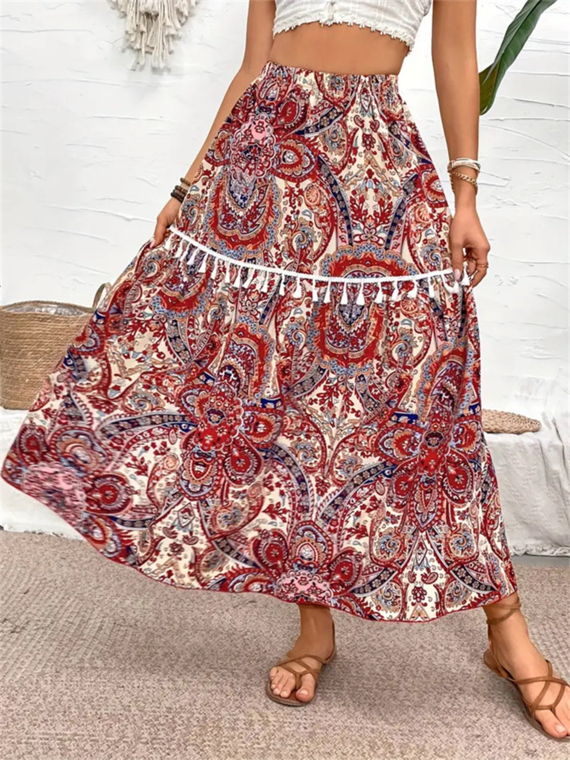 Printed Elastic Waist Midi Skirt-[Adult]-[Female]-2022 Online Blue Zone Planet