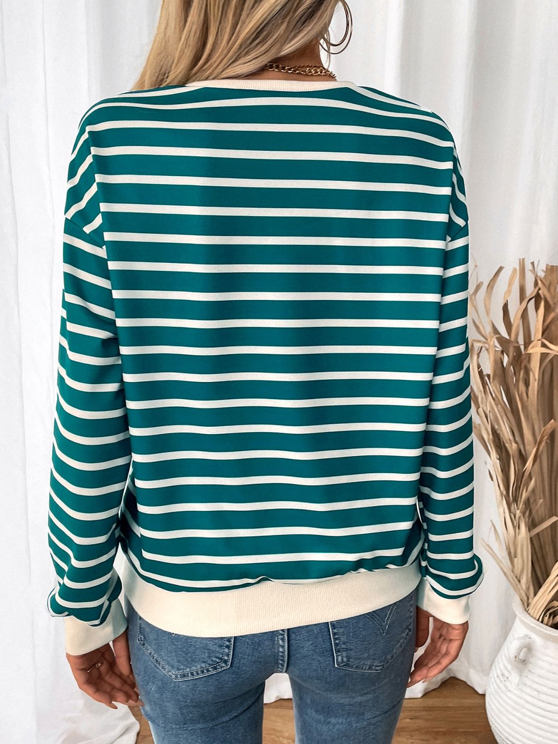 Perfee Striped Contrast Round Neck Long Sleeve Sweatshirt-TOPS / DRESSES-[Adult]-[Female]-2022 Online Blue Zone Planet