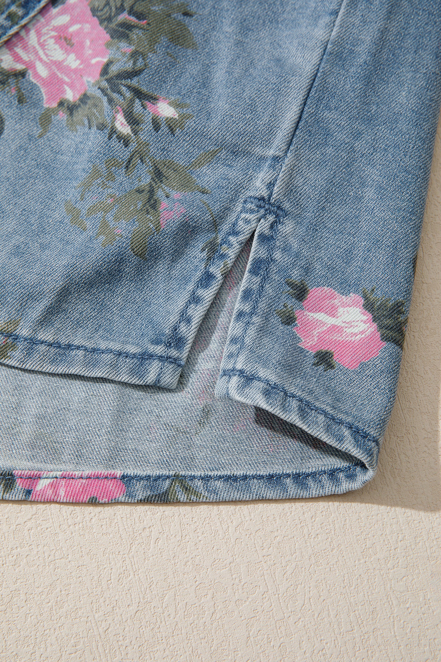 Blue Bracelet Sleeve Floral Denim Shirt-Bracelet-[Adult]-[Female]-2022 Online Blue Zone Planet