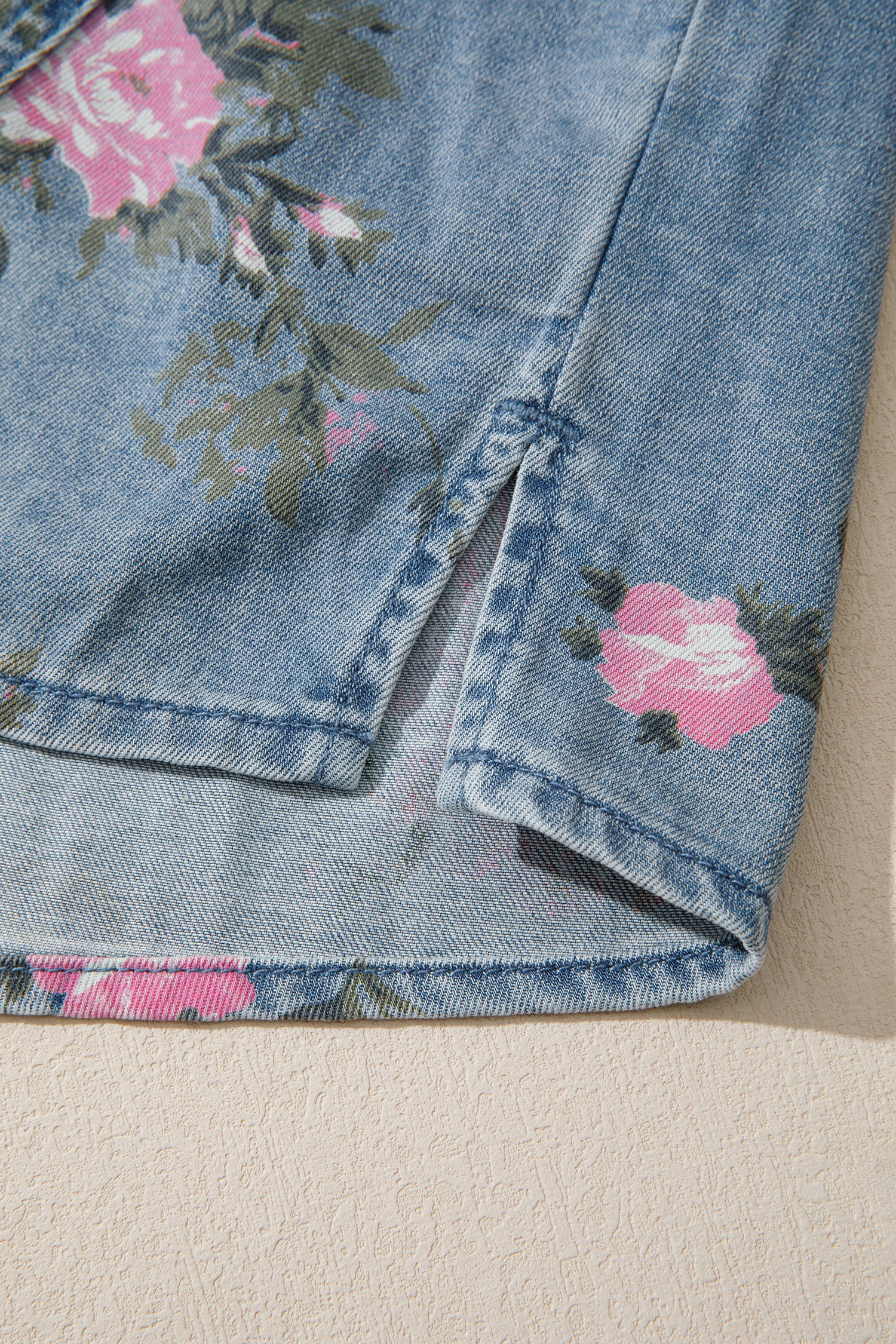 Blue Bracelet Sleeve Floral Denim Shirt-Bracelet-[Adult]-[Female]-2022 Online Blue Zone Planet