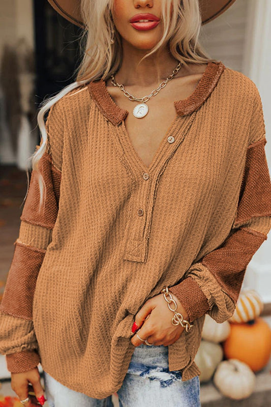 Contrast Patched Exposed Seam Waffle Knit Henley Top-TOPS / DRESSES-[Adult]-[Female]-Caramel-S-2022 Online Blue Zone Planet