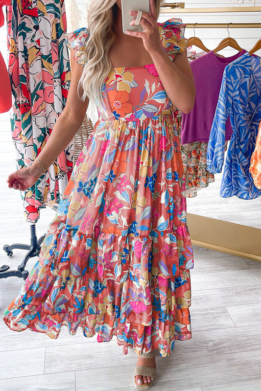Pink Floral Print Sleeveless Ruffle Tiered Maxi Dress-Dresses/Floral Dresses-[Adult]-[Female]-Pink-S-2022 Online Blue Zone Planet