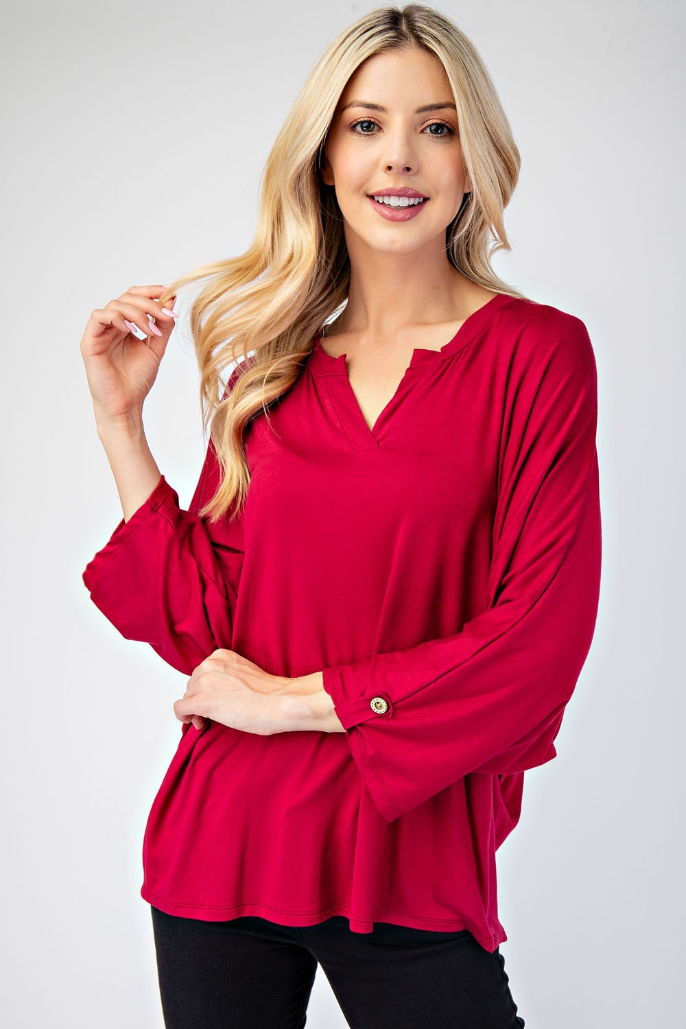 Celeste Full Size Notched Three-Quarter Sleeve Blouse-TOPS / DRESSES-[Adult]-[Female]-Burgundy-S-2022 Online Blue Zone Planet