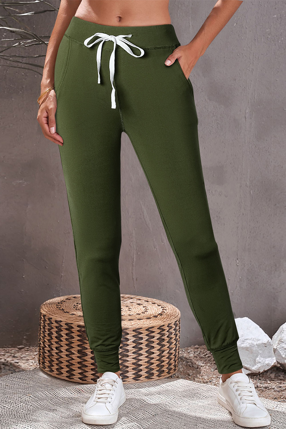 Moss Green Drawstring Elastic Waistband Pocketed Joggers-Sale (50% OFF)/30% OFF-[Adult]-[Female]-Moss Green-S-2022 Online Blue Zone Planet