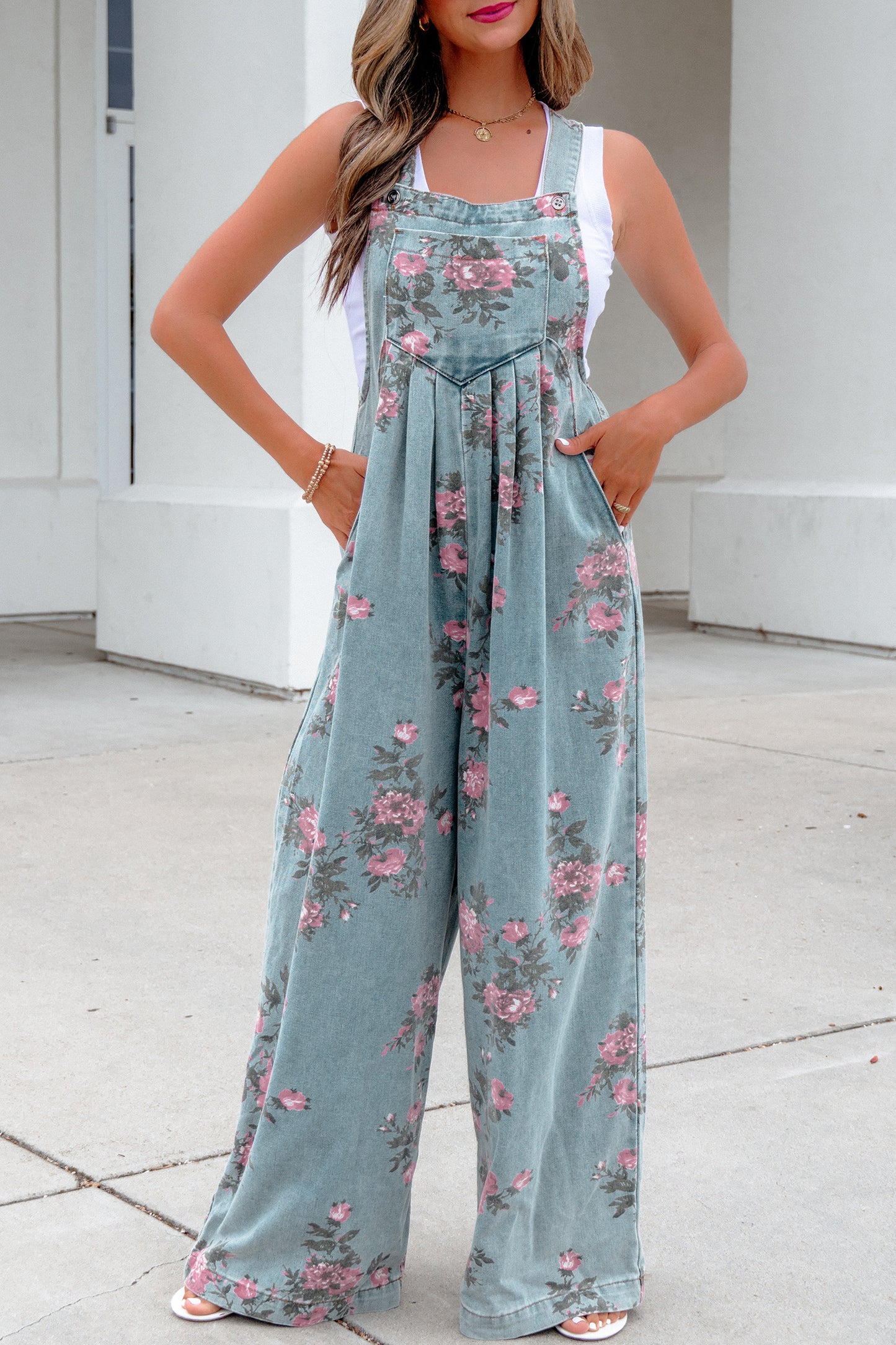 Blue Beau Floral Print Pleated High Waist Wide Leg Denim Jumpsuit-Bottoms/Jumpsuits & Rompers-[Adult]-[Female]-2022 Online Blue Zone Planet