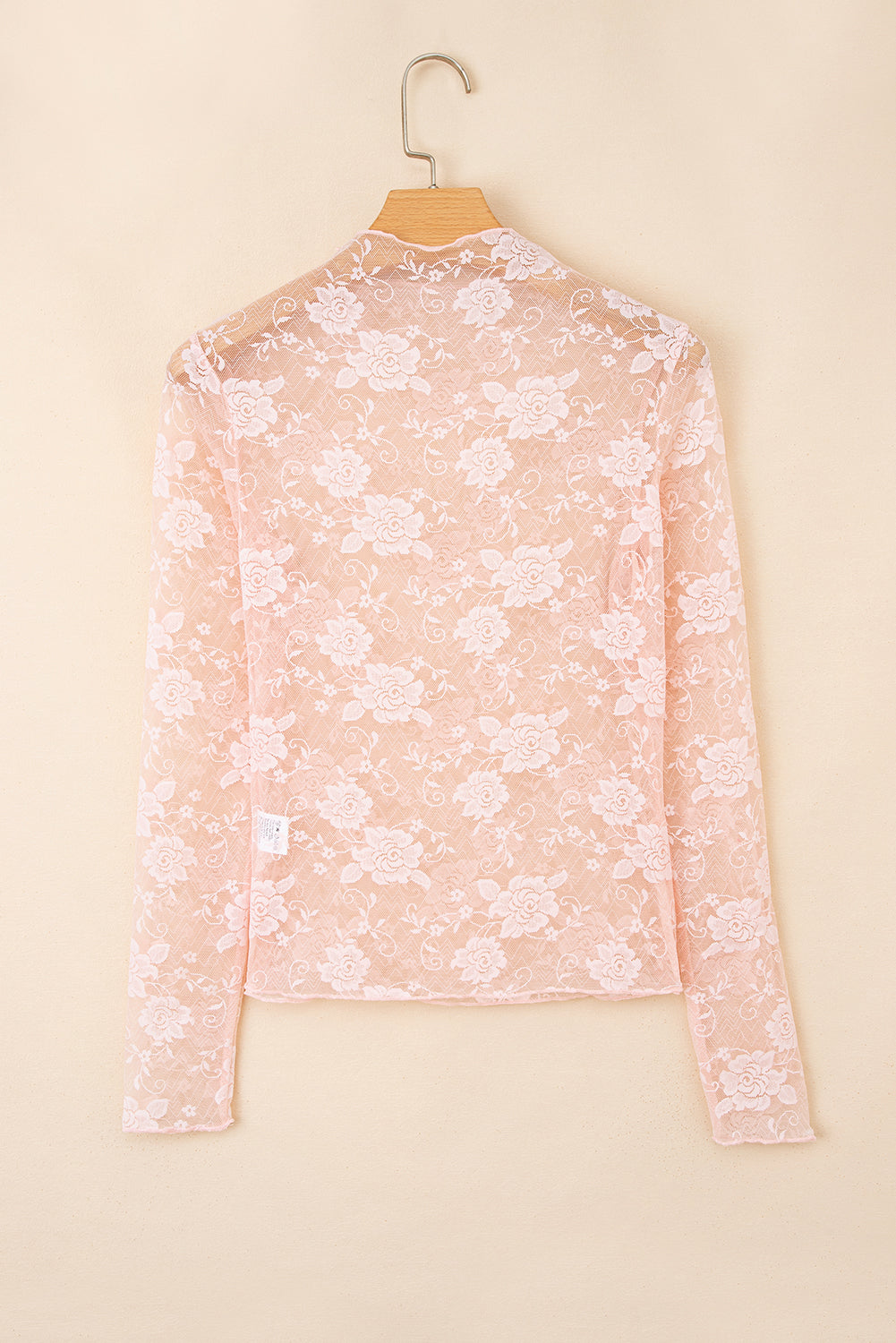 Apricot Pink Sheer Floral Lace Mesh Mock Neck Long Sleeve Top-Tops/Long Sleeve Tops-[Adult]-[Female]-2022 Online Blue Zone Planet