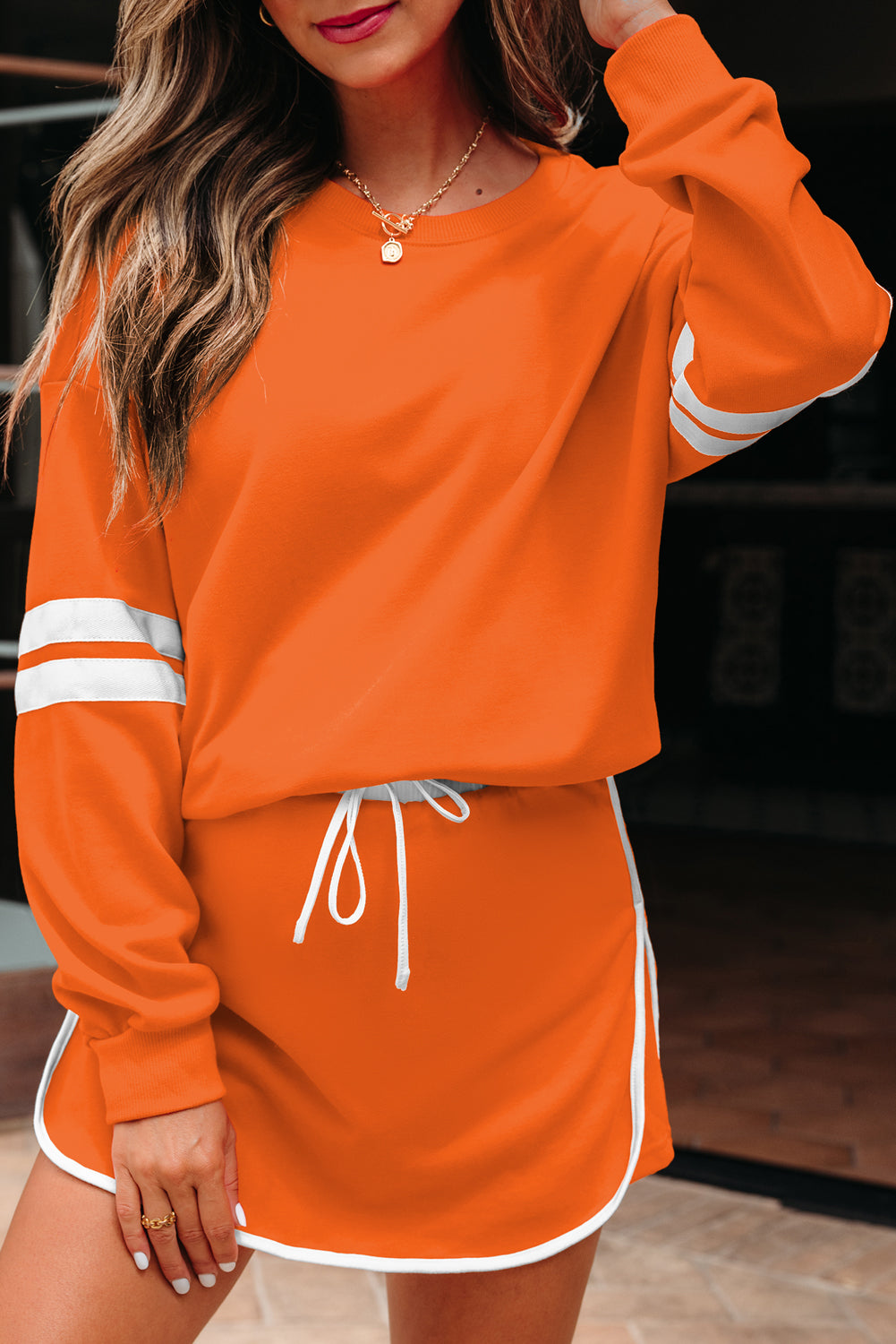Orange Varsity Stripe Detail Drop Shoulder Pullover Mini Skirt Set-Two Piece Sets/Two Piece Dresses-[Adult]-[Female]-2022 Online Blue Zone Planet