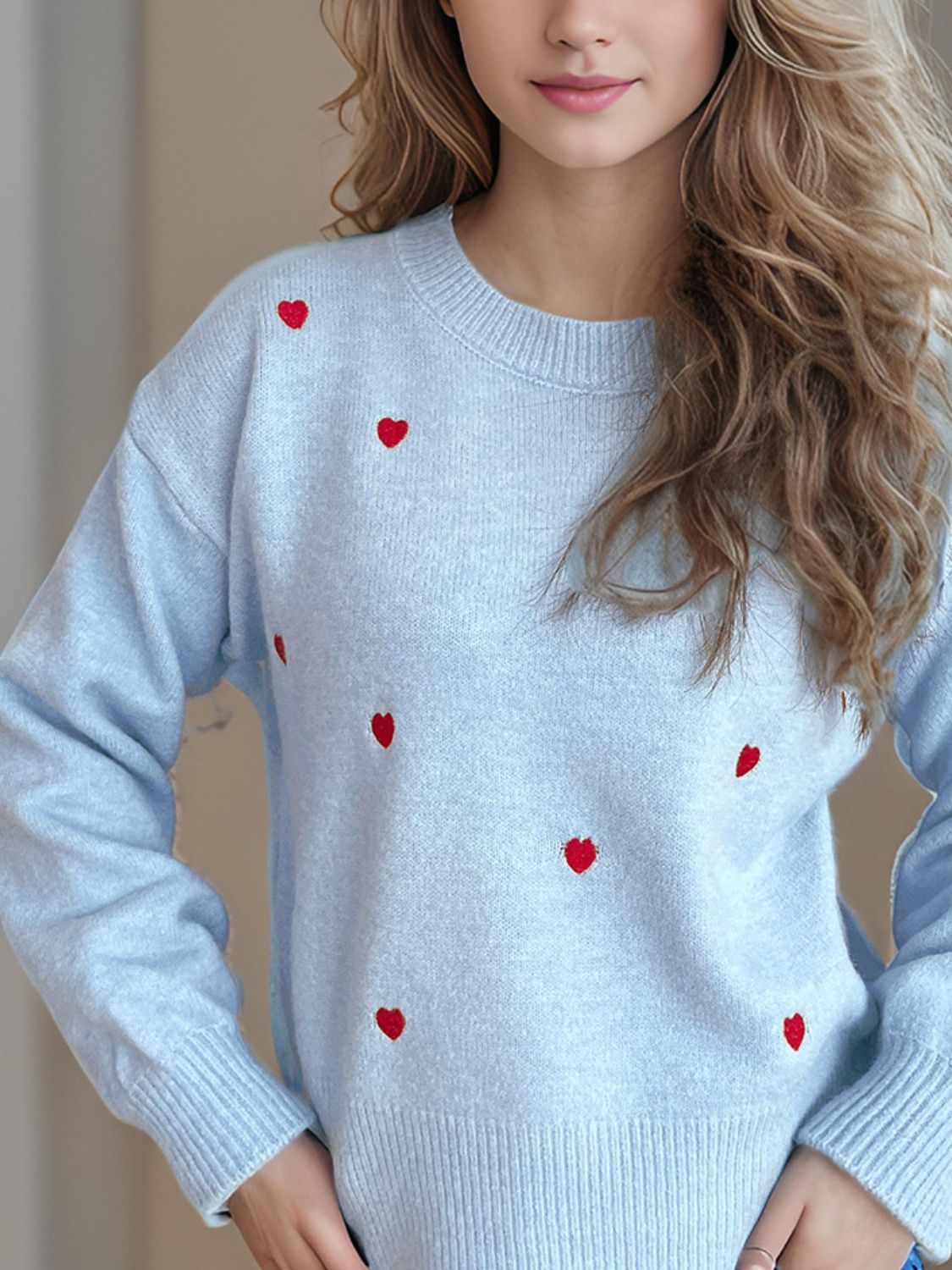 Heart Round Neck Long Sleeve Sweater-TOPS / DRESSES-[Adult]-[Female]-Light Blue-One Size-2022 Online Blue Zone Planet