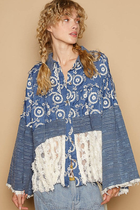 POL Lace Hem Embroidered Long Sleeve Shirt-TOPS / DRESSES-[Adult]-[Female]-2022 Online Blue Zone Planet