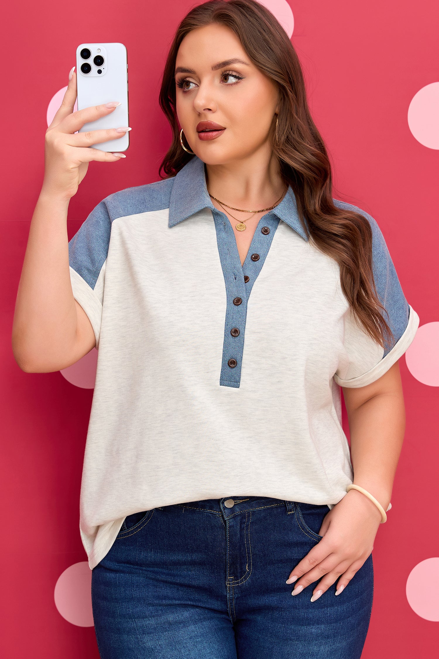 Beige Plus Size Contrast Denim Patchwork Cuffed Sleeve Polo Tee-Plus Size/Plus Size Tops/Plus Size Tops & Tees-[Adult]-[Female]-2022 Online Blue Zone Planet