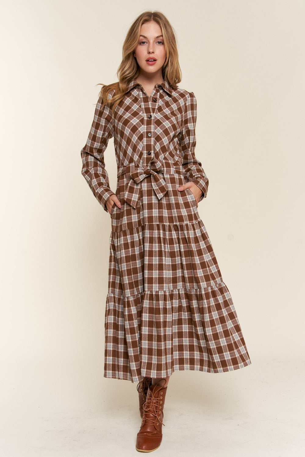 And the Why Plaid Tiered Midi Shirt Dress-TOPS / DRESSES-[Adult]-[Female]-2022 Online Blue Zone Planet