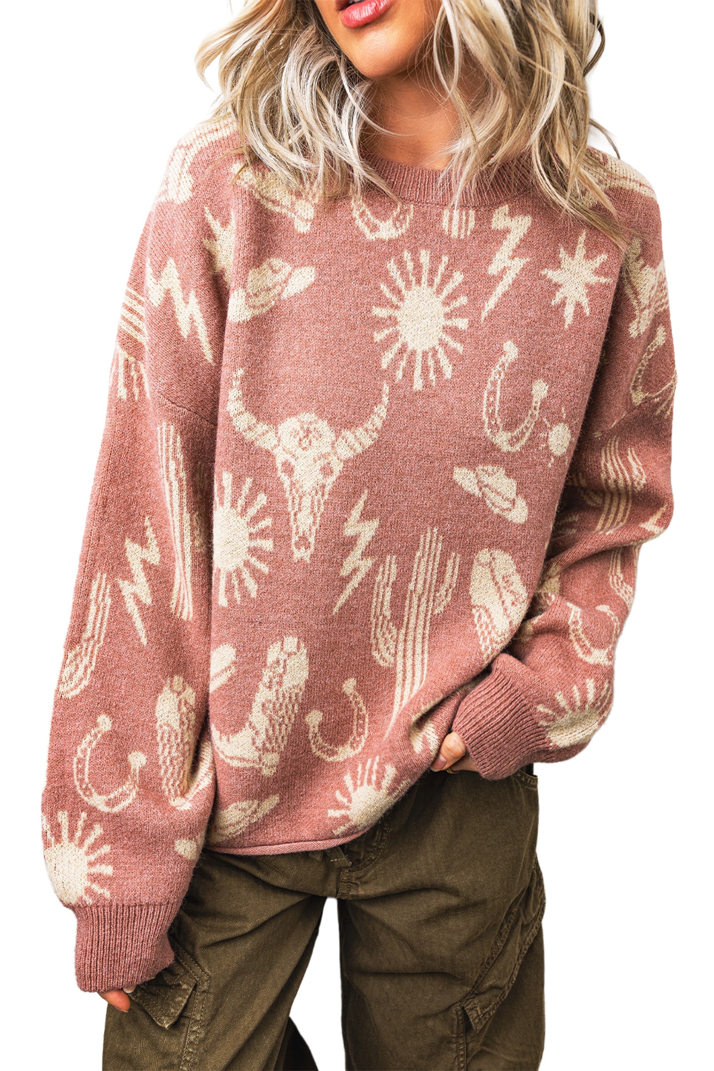 Peach Blossom Western Print Drop Shoulder Round Neck Long Sleeve Sweater-TOPS / DRESSES-[Adult]-[Female]-2022 Online Blue Zone Planet