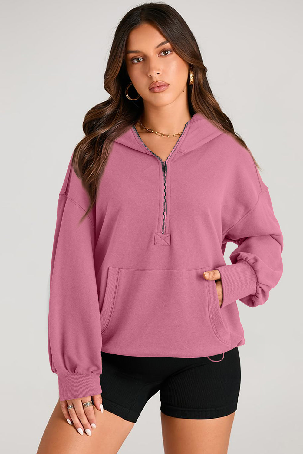 Pocketed Half Zip Long Sleeve Hoodie-HOODIES-[Adult]-[Female]-2022 Online Blue Zone Planet