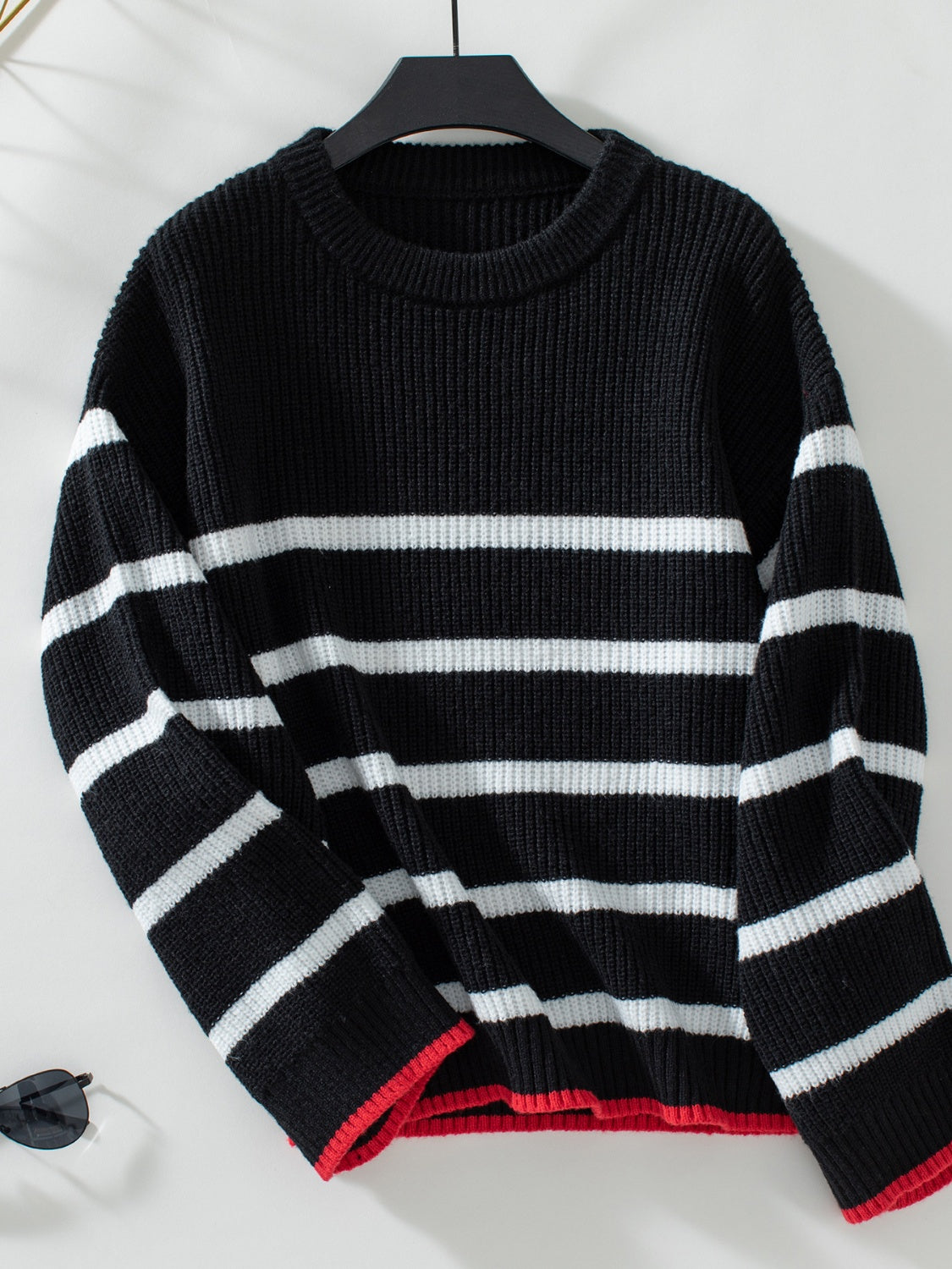 Striped Round Neck Dropped Shoulder Sweater-TOPS / DRESSES-[Adult]-[Female]-Black-S-2022 Online Blue Zone Planet