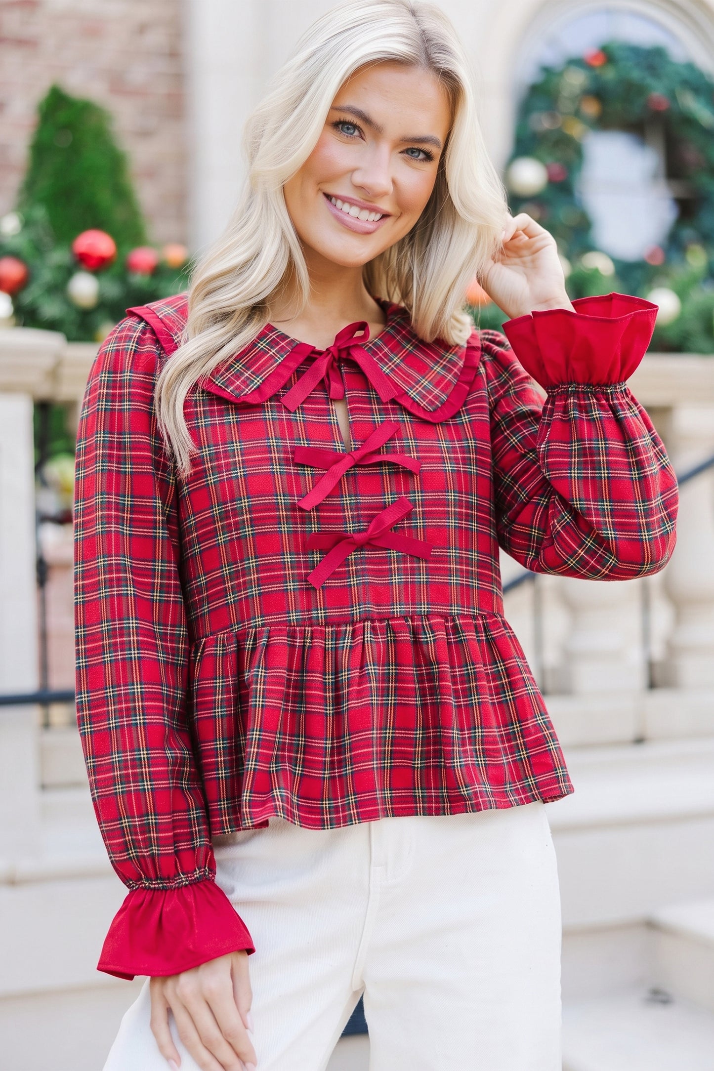 Red Plaid Tie Neck Ruffle Cuffs Long Sleeve Shift Blouse-Tops/Blouses & Shirts-[Adult]-[Female]-2022 Online Blue Zone Planet