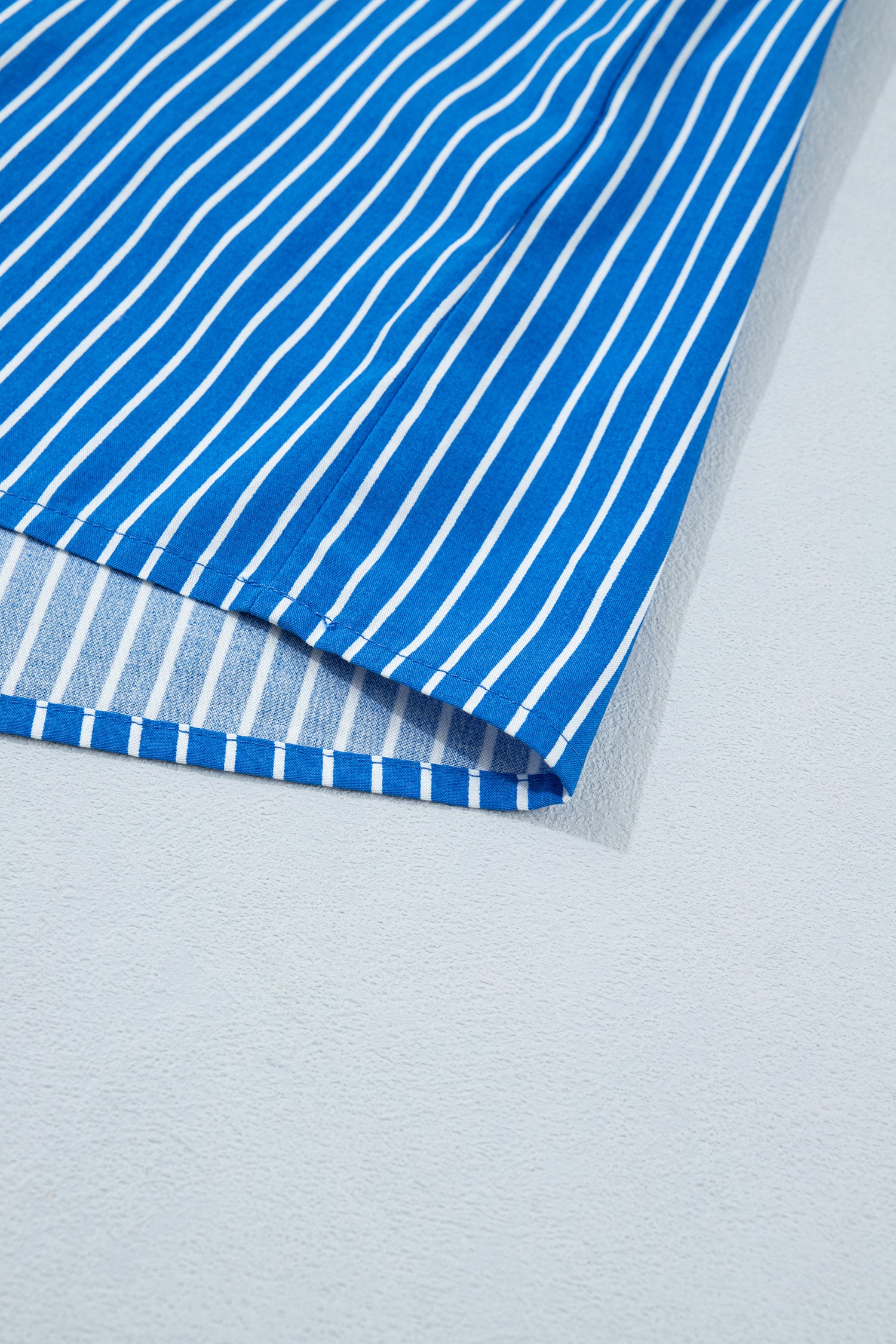 Blue Stripe Ruffled Short Puff Sleeve Button Front Blouse-Tops/Blouses & Shirts-[Adult]-[Female]-2022 Online Blue Zone Planet