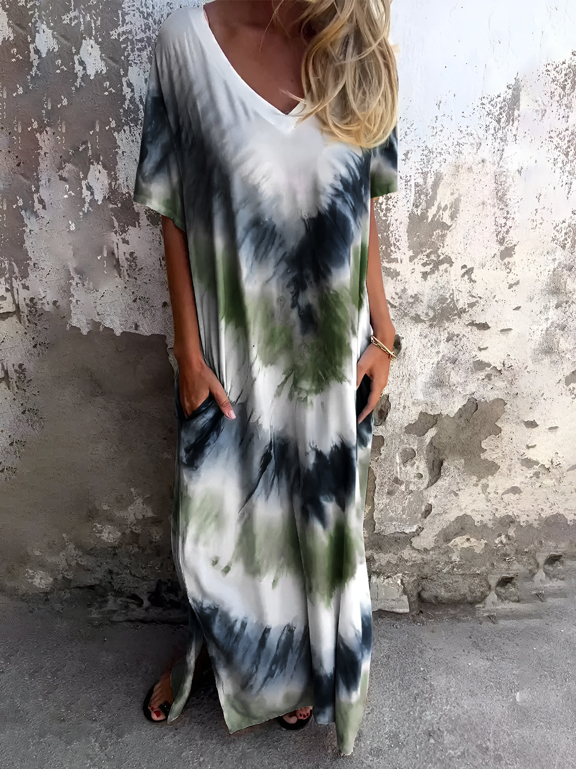 Full Size Pocketed Tie-Dye Short Sleeve Dress-TOPS / DRESSES-[Adult]-[Female]-Moss-S-2022 Online Blue Zone Planet