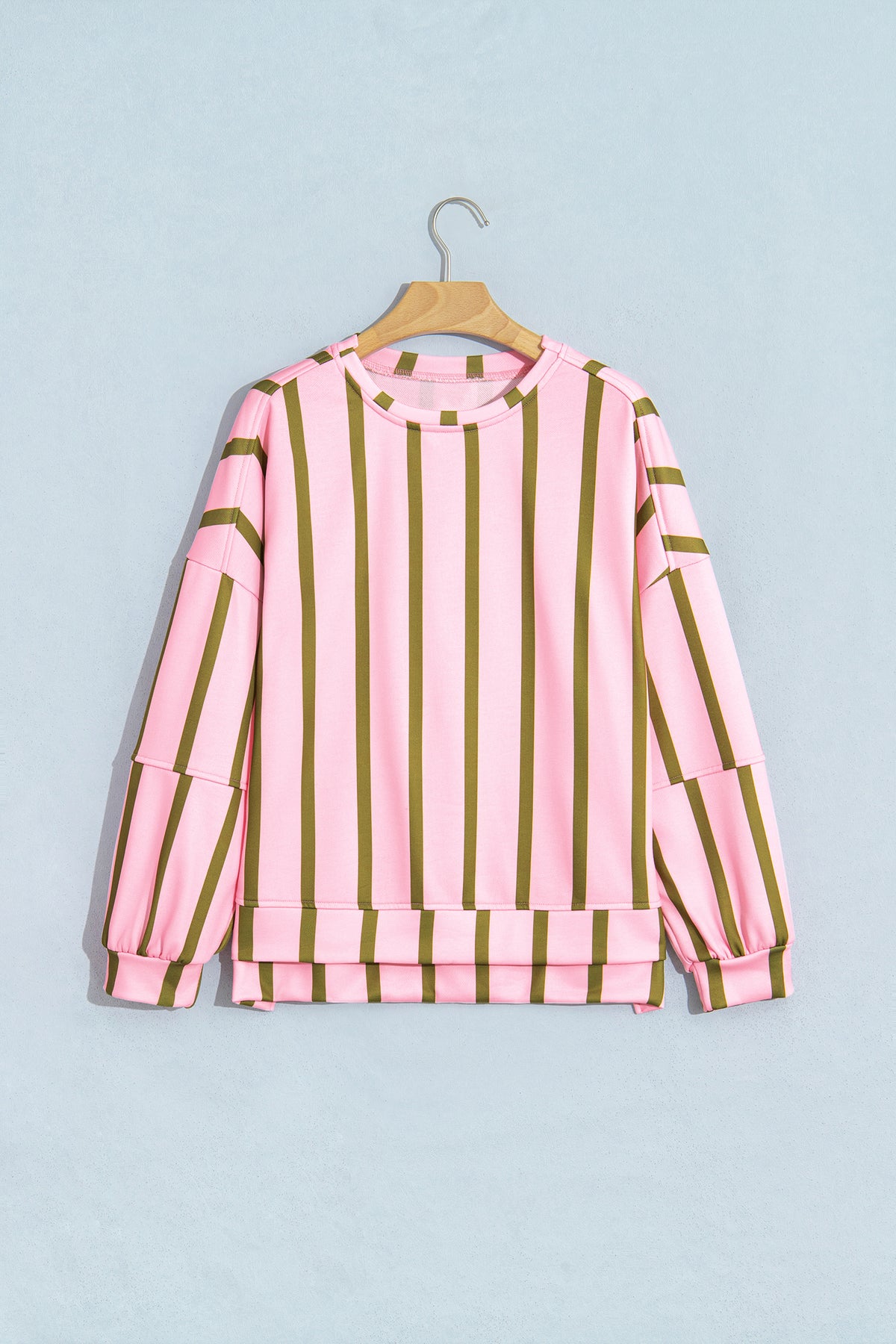 Pink Stripe Dropped Shoulder Round Neck Casual Sweatshirt-Tops/Sweatshirts & Hoodies-[Adult]-[Female]-2022 Online Blue Zone Planet