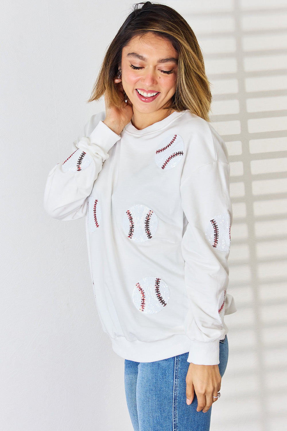 Sequin Baseball Round Neck Dropped Shoulder Sweatshirt-TOPS / DRESSES-[Adult]-[Female]-2022 Online Blue Zone Planet