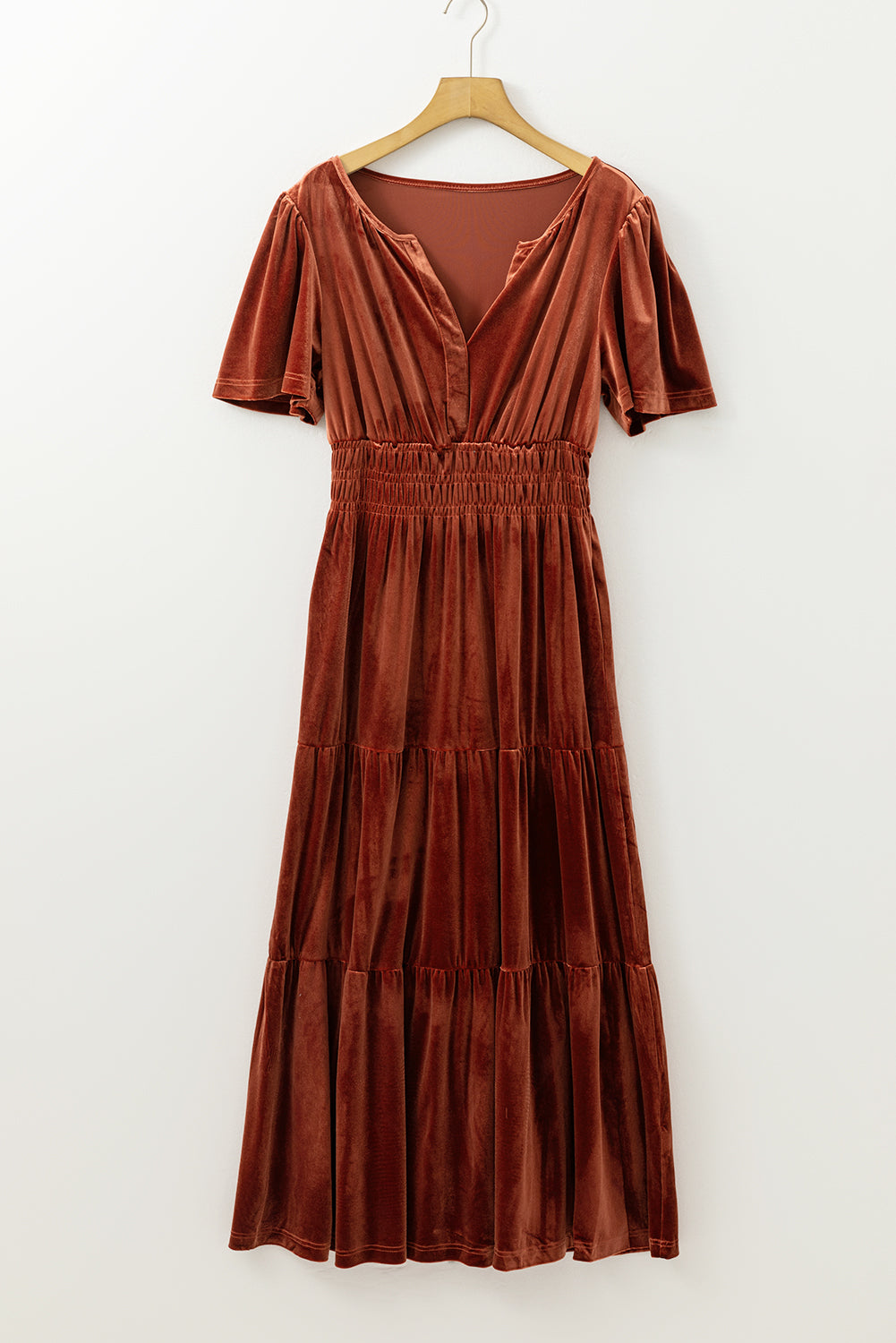 Blue Zone Planet | Chestnut Velvet Short Sleeve Shirred Waist Tiered Maxi Dress-TOPS / DRESSES-[Adult]-[Female]-2022 Online Blue Zone Planet