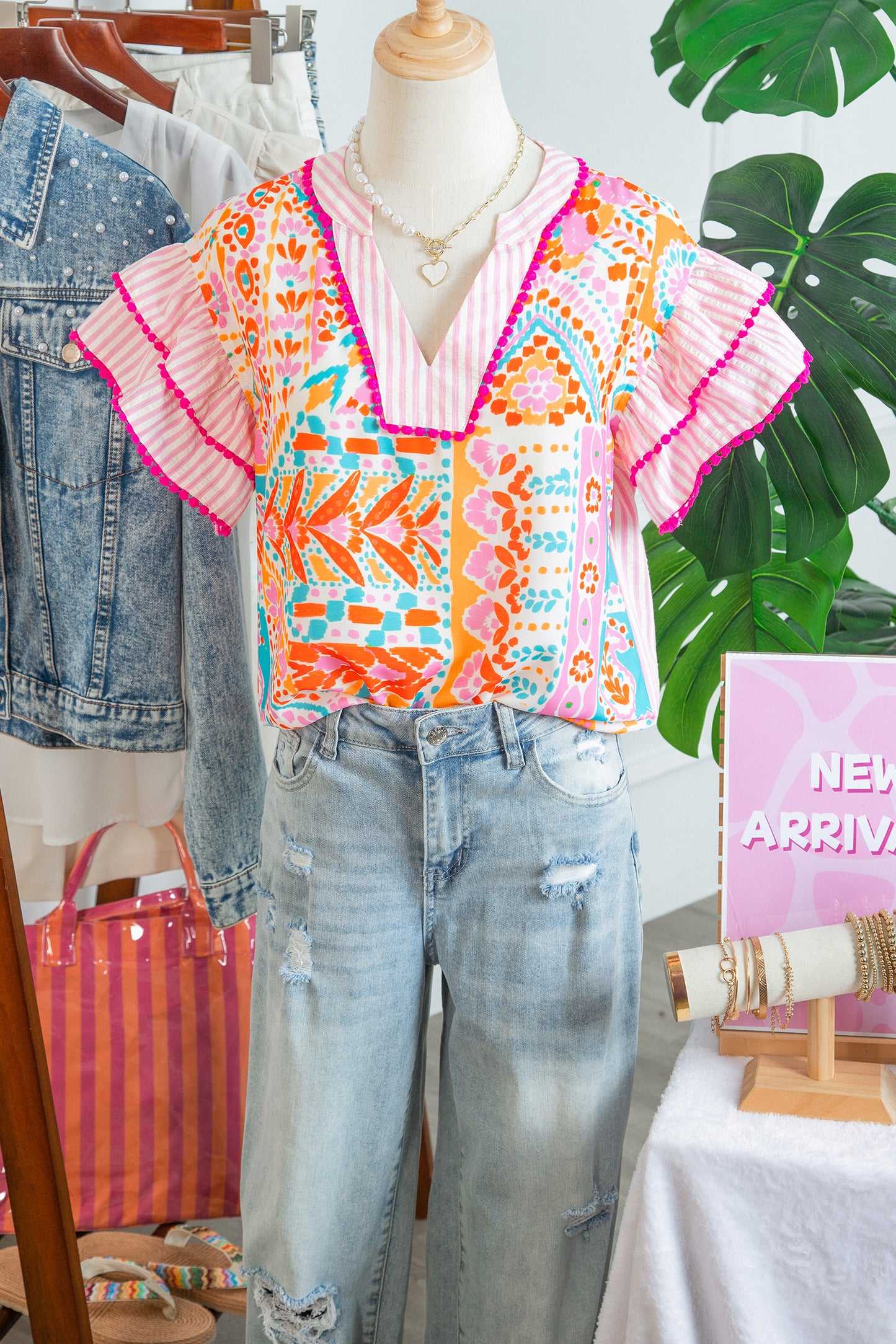 Rose Boho Mixed Print Contrast Trim Striped Patchwork Tiered Short Sleeve Blouse-Tops/Blouses & Shirts-[Adult]-[Female]-2022 Online Blue Zone Planet