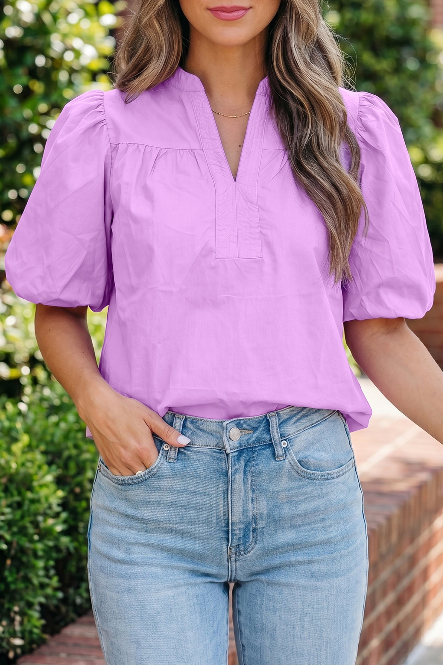 Phalaenopsis Stitched Detail V Neck Puffy Half Sleeve Blouse-Tops/Blouses & Shirts-[Adult]-[Female]-2022 Online Blue Zone Planet