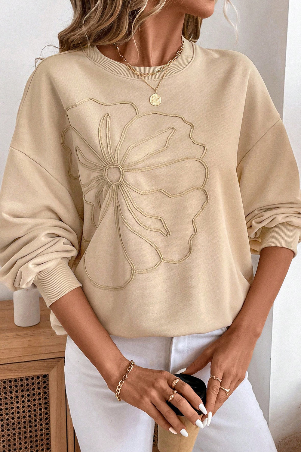 Parchment Embroidered Flower Pattern Drop Shoulder Sweatshirt-Tops/Sweatshirts & Hoodies-[Adult]-[Female]-2022 Online Blue Zone Planet